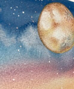Close up of a moon painted with metalic watercolour paint