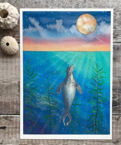 Moon Gazing Seal Print Whimsical Merfolk Art