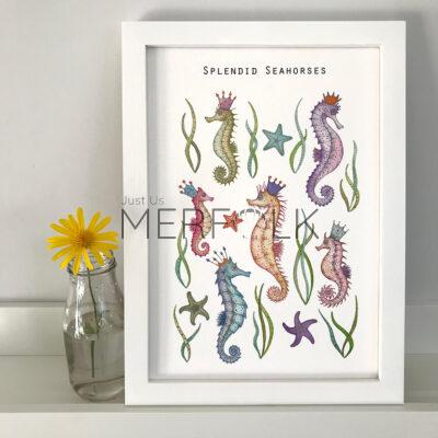Framed example of the Splendid Seahorses Watercolour Print