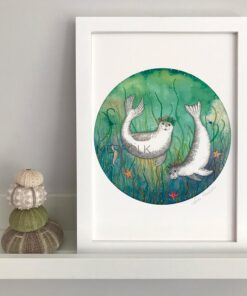 Framed example of The Harbour Seals Watercolour Print
