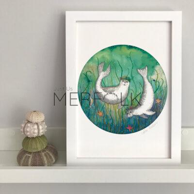 Framed example of The Harbour Seals Watercolour Print