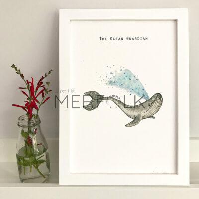 Framed print of the guardian of the sea watercolour humpback whale