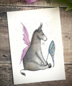 Fairy Donkey with pink wings and net, catching stars