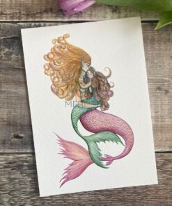 mermaid with pink tail cuddling merchild with green child