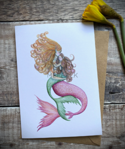 A5 mermaid card with mermaid mother with a pink tail and mermaid child with a green child