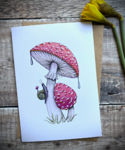 Large and small Fly Agaric mushroom card with tiny snail detail