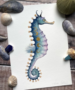 blue and purple seahorse with moon phases and stars print