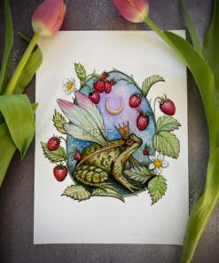 frog fairy with wings and a crown and strawberries.