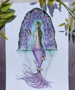 purple mermaid print with koi carp, lily pads and wisteria