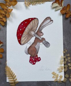 A5 hamish hare print with fly agaric mushroom