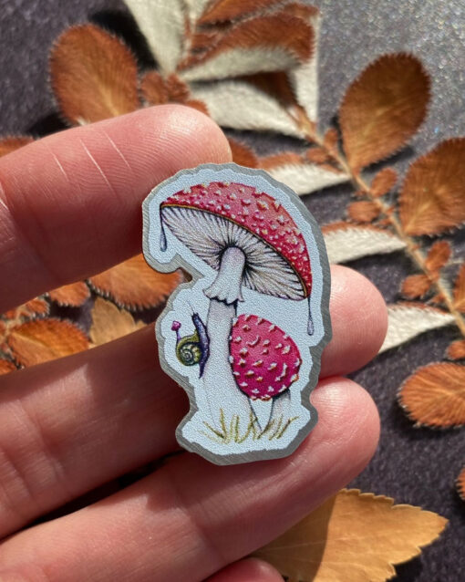 30mm pin badge of fly agaric mushroom and snail