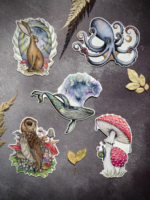 whale, octopus, fly agaric mushroom, jackalope and owl vinyl stickers