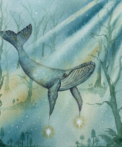 Humpback whale forest guide orginal watercolour with winter forest and mushrooms