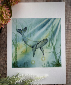 sky humpack whale, forest guide with mushrooms watercolour print