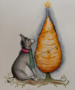 Donkey in scarf staring at a giant carrot christmas tree original watercolour artwork