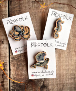 humpback whale, octopus and seahores pin badges