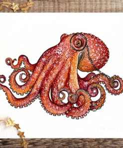 curled orange octopus wearing a monocle print