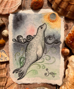 selkie seal in the sea with moon original artwork illustration.
